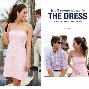 $175 Vineyard Vines Flair Stripe Bow Strapless Dress 10 Pink & White